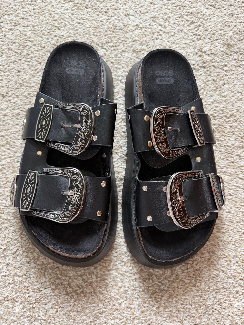 🖤 ASOS DESIGN Western Buckle Platform Sandals Black Chunky Slides